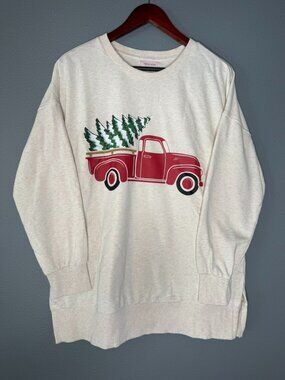 Womens Christmas Sweatshirt XL Red Truck Christmas Tree Holiday Crewneck Farmhou